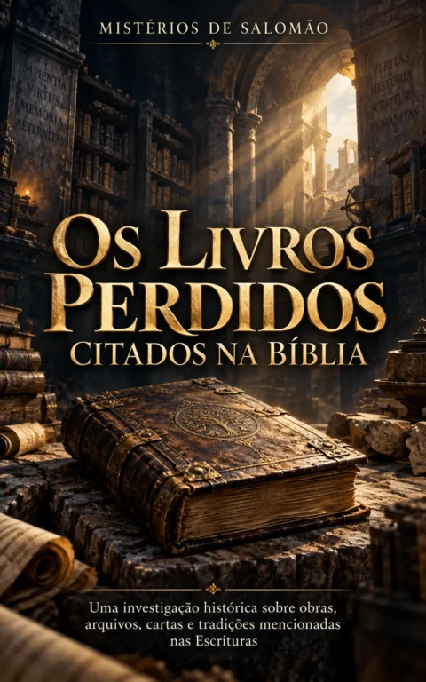 Capa do livro Os Livros Perdidos Citados na Bíblia, com códice antigo em uma biblioteca histórica