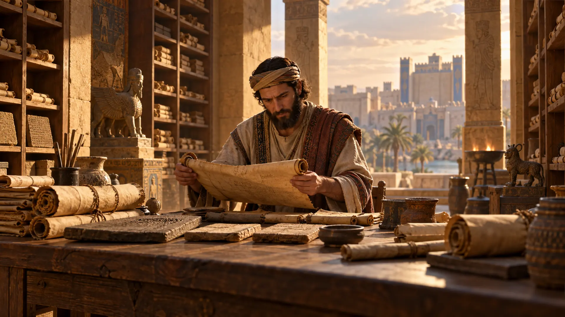 Escriba consultando manuscritos em um antigo arquivo real